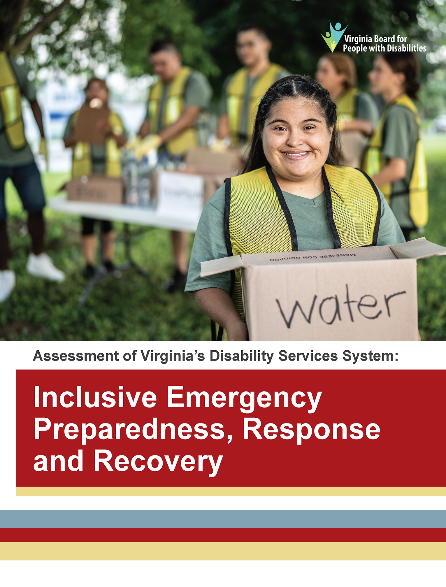 Cover of the inclusive emergency preparedness, response and recovery assessment, featuring a young woman with a disability volunteering.