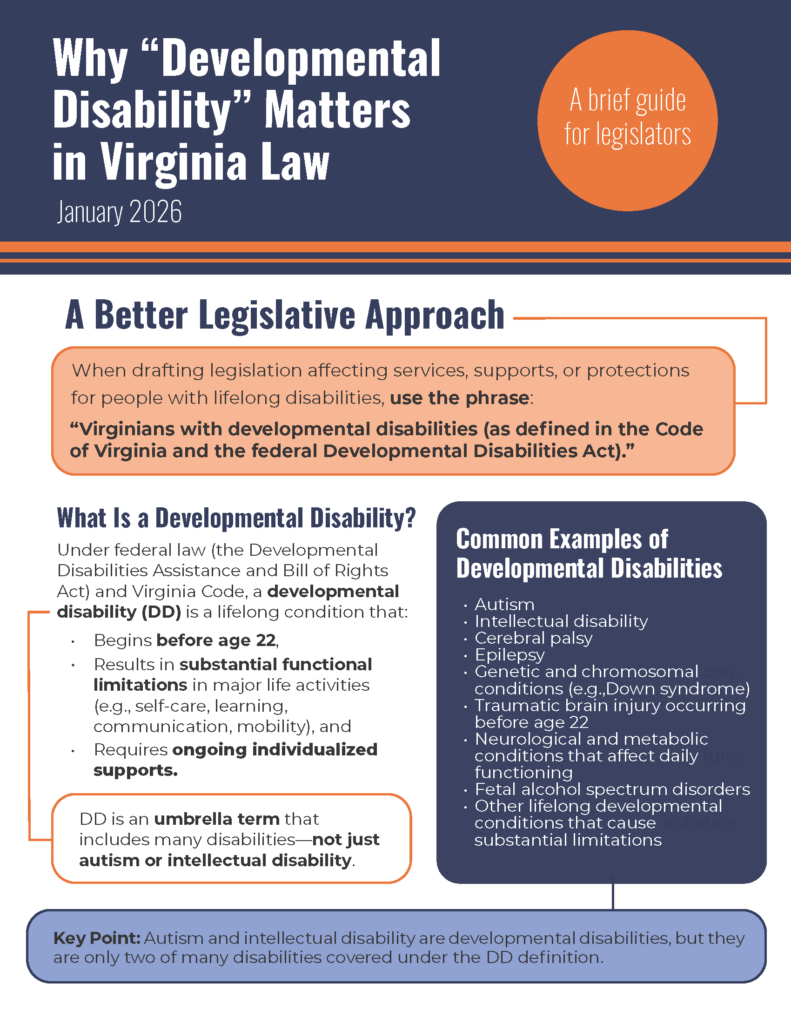Preview of the one-pager for legislators on using the term "developmental disabilities."